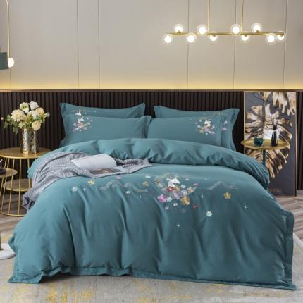 优姿2022新款100S长绒棉宽边绣花四件套一路有你-孔雀蓝