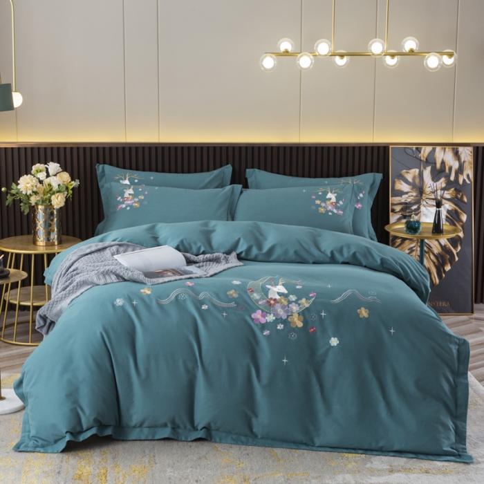 91家纺网 家纺一手货源 找家纺 优姿2022新款100S长绒棉宽边绣花四件套一路有你-孔雀蓝