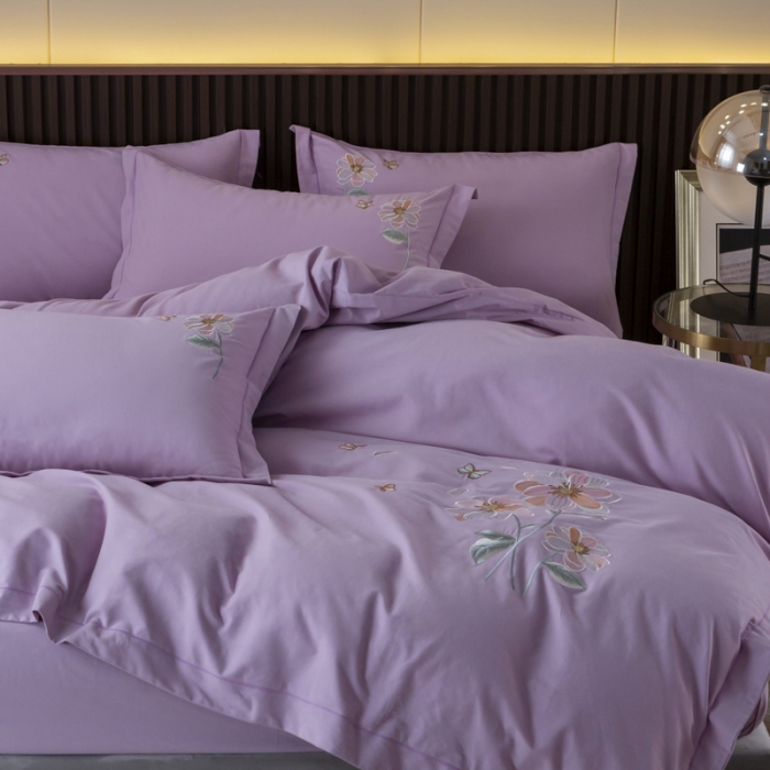 91家纺网 家纺一手货源 找家纺 优姿 2022新款100S长绒棉宽边绣花四件套一路有你-紫色