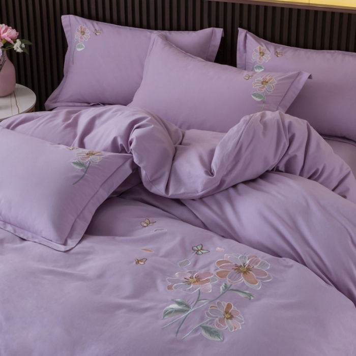 91家纺网 家纺一手货源 找家纺 优姿 2022新款100S长绒棉宽边绣花四件套一路有你-紫色