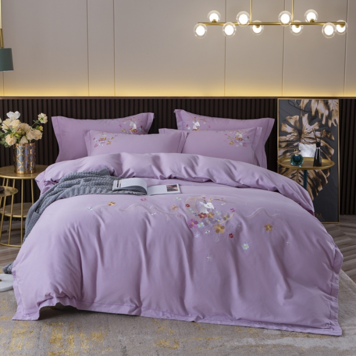 91家纺网 家纺一手货源 找家纺 优姿 2022新款100S长绒棉宽边绣花四件套一路有你-紫色