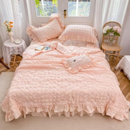 91家纺网 家纺一手货源 找家纺 婳庭家居 2023新款全棉泡泡纱夏被四件套 浅粉玉