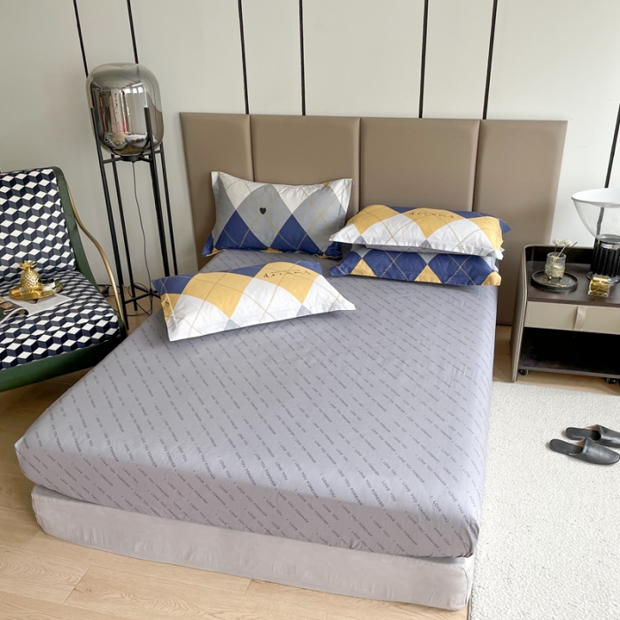 91家纺网 家纺一手货源 找家纺 金鑫汇 2022新款全棉印花菱形单床笠 卡夫-黄