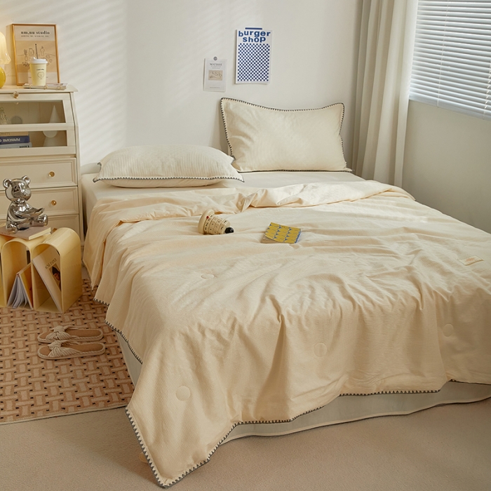 91家纺网 家纺一手货源 找家纺 金丝鸟2023新款A类全棉华夫格水洗棉大豆夏被四件套拉夫格白