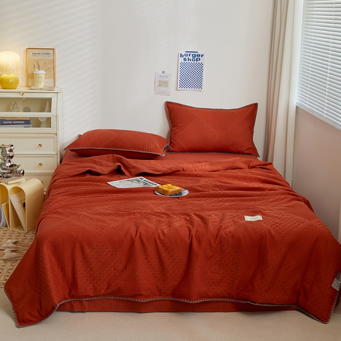 91家纺网 家纺一手货源 找家纺 金丝鸟2023新款A类全棉华夫格水洗棉大豆夏被四件套拉夫格红