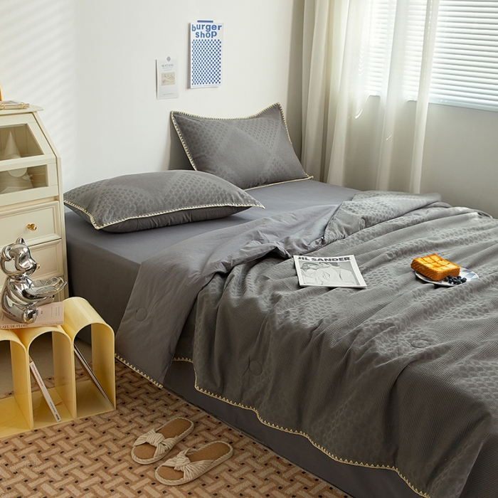 91家纺网 家纺一手货源 找家纺 金丝鸟 2023新款A类全棉华夫格水洗棉大豆夏被四件套 拉夫格-灰