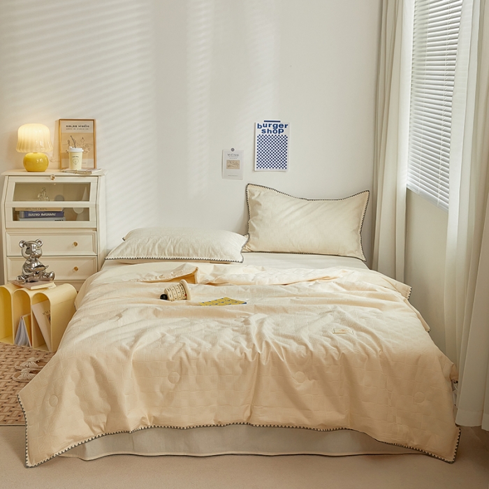 91家纺网 家纺一手货源 找家纺 金丝鸟 2023新款A类全棉华夫格水洗棉大豆夏被四件套 苏珊格-白