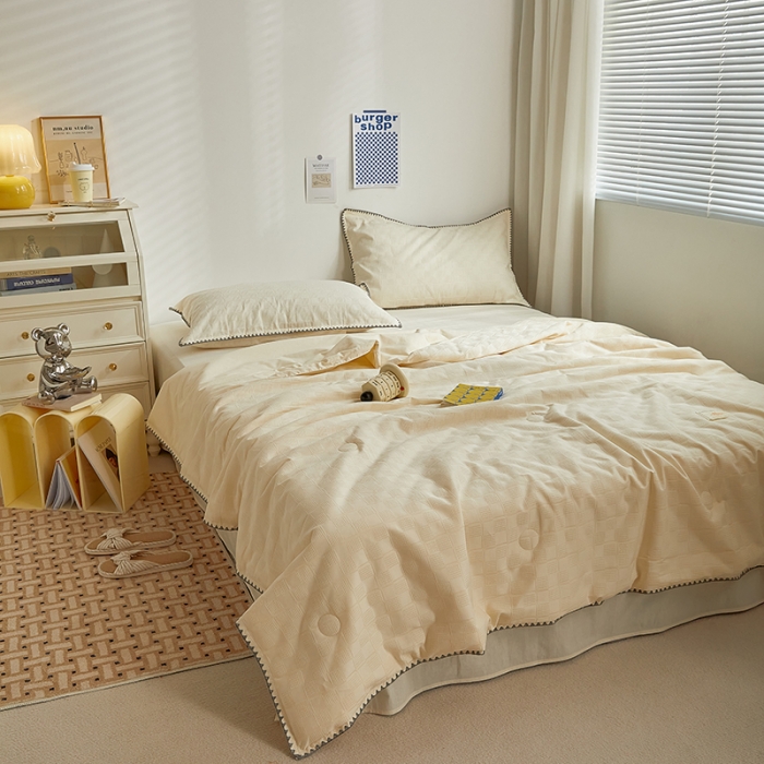 91家纺网 家纺一手货源 找家纺 金丝鸟 2023新款A类全棉华夫格水洗棉大豆夏被四件套 苏珊格-白