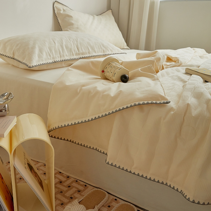 91家纺网 家纺一手货源 找家纺 金丝鸟 2023新款A类全棉华夫格水洗棉大豆夏被四件套 苏珊格-白