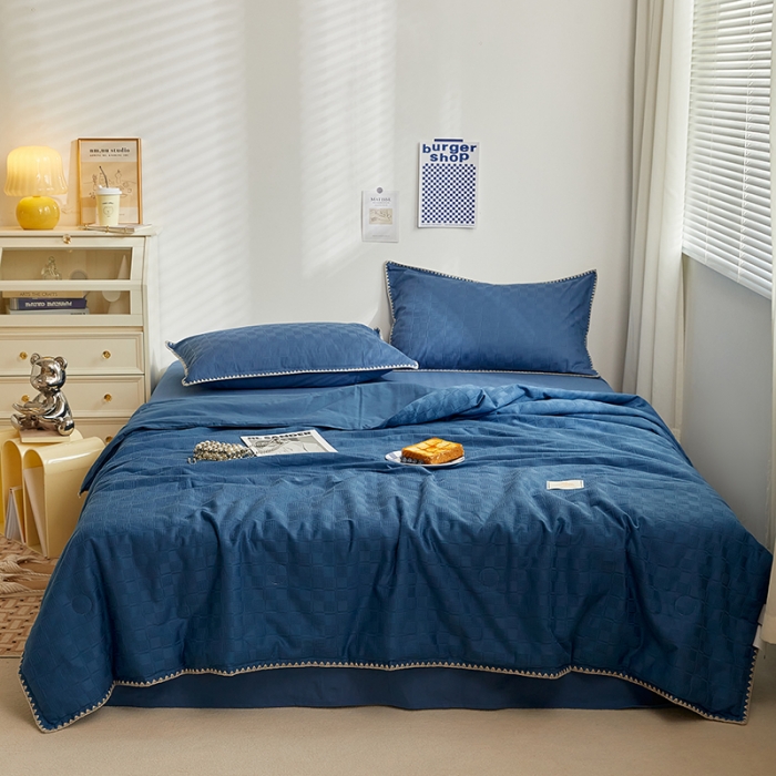 91家纺网 家纺一手货源 找家纺 金丝鸟 2023新款A类全棉华夫格水洗棉大豆夏被四件套 苏珊格-蓝