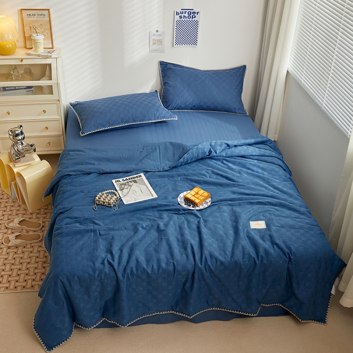 91家纺网 家纺一手货源 找家纺 金丝鸟 2023新款A类全棉华夫格水洗棉大豆夏被四件套 苏珊格-蓝