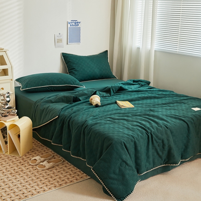 91家纺网 家纺一手货源 找家纺 金丝鸟 2023新款A类全棉华夫格水洗棉大豆夏被四件套 苏珊格-绿