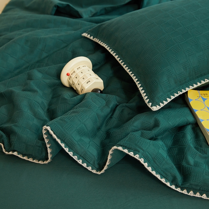 91家纺网 家纺一手货源 找家纺 金丝鸟 2023新款A类全棉华夫格水洗棉大豆夏被四件套 苏珊格-绿