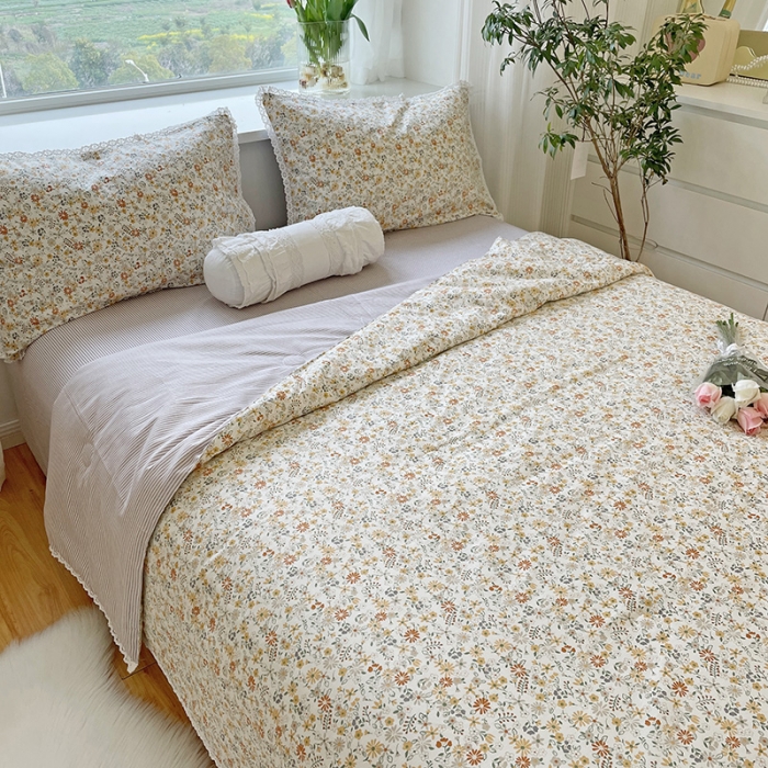 91家纺网 家纺一手货源 找家纺 千朵 2022新款全棉大豆夏被四件套 鲜橙