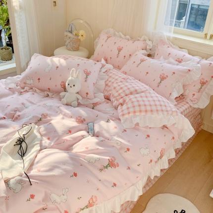 眠屿 2022春夏新品全棉印花花边款四件套 花小兔