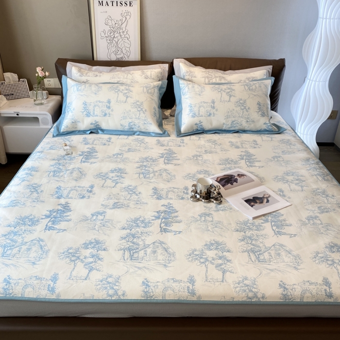 91家纺网 家纺一手货源 找家纺 三味舒屋 2025新款西西里印花冰丝席-床笠款 西西里蓝