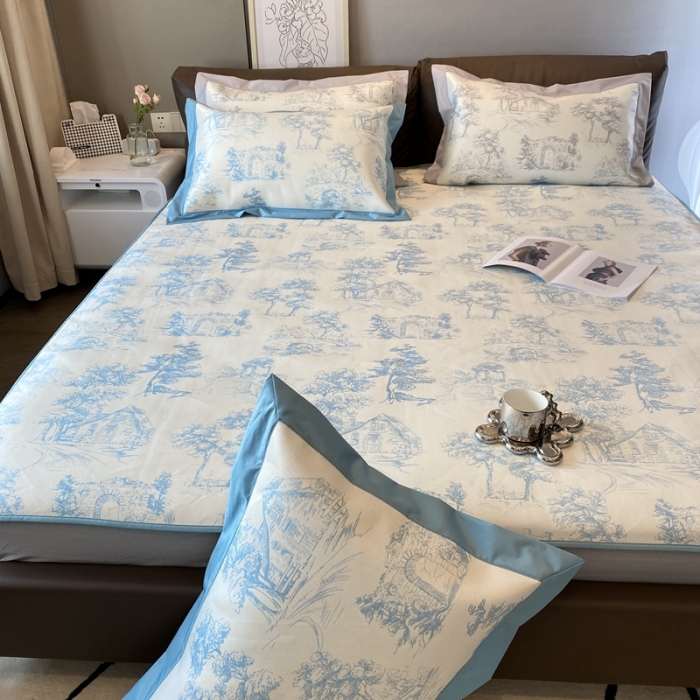 91家纺网 家纺一手货源 找家纺 三味舒屋 2025新款西西里印花冰丝席-床笠款 西西里蓝