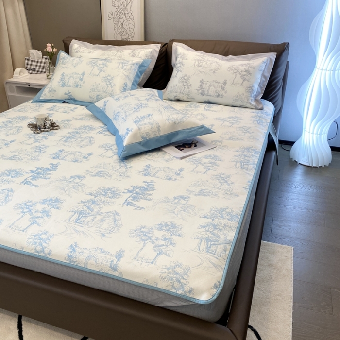 91家纺网 家纺一手货源 找家纺 三味舒屋 2025新款西西里印花冰丝席-床笠款 西西里蓝