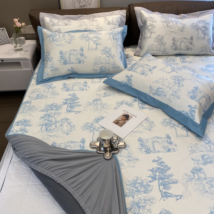 91家纺网 家纺一手货源 找家纺 三味舒屋 2025新款西西里印花冰丝席-床笠款 西西里蓝