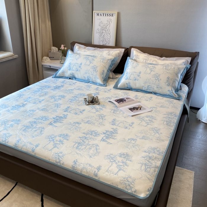 91家纺网 家纺一手货源 找家纺 三味舒屋 2025新款西西里印花冰丝席-床笠款 西西里蓝