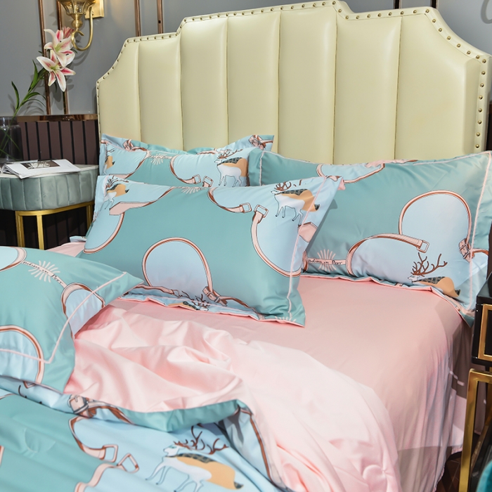 91家纺网 家纺一手货源 找家纺 梦柏 2022新款水洗天丝夏被四件套 可爱鹿