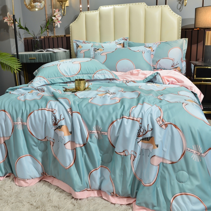 91家纺网 家纺一手货源 找家纺 梦柏 2022新款水洗天丝夏被四件套 可爱鹿