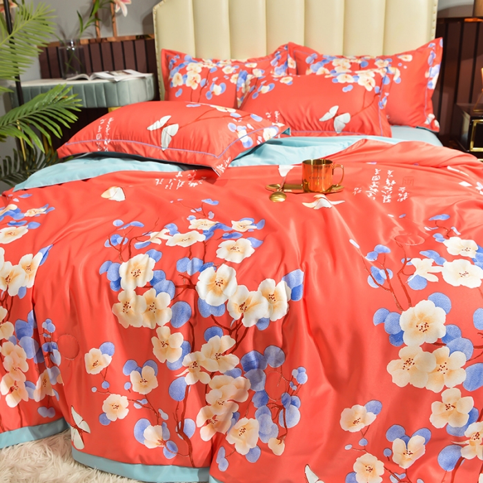 91家纺网 家纺一手货源 找家纺 梦柏 2022新款水洗天丝夏被四件套 文颜（红）