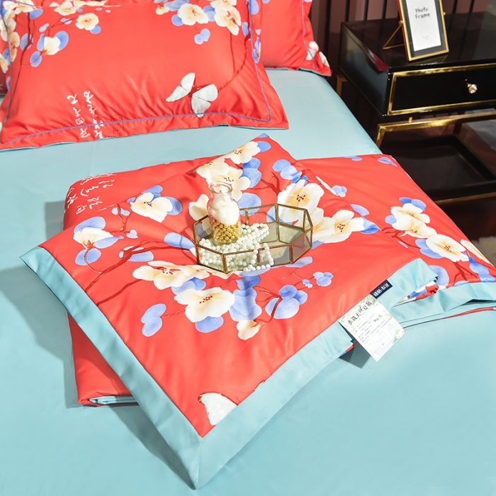 91家纺网 家纺一手货源 找家纺 梦柏 2022新款水洗天丝夏被四件套 文颜（红）
