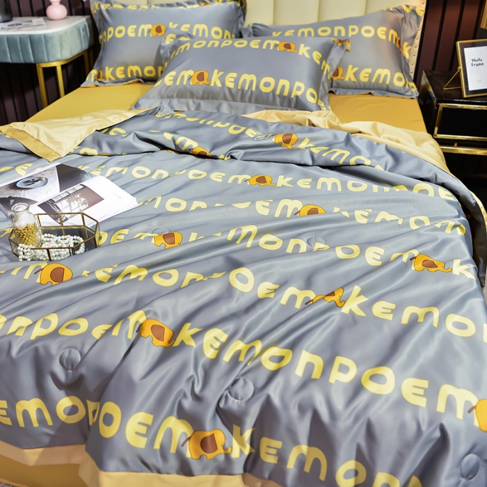 91家纺网 家纺一手货源 找家纺 梦柏 2022新款水洗天丝夏被四件套 字母象（灰）