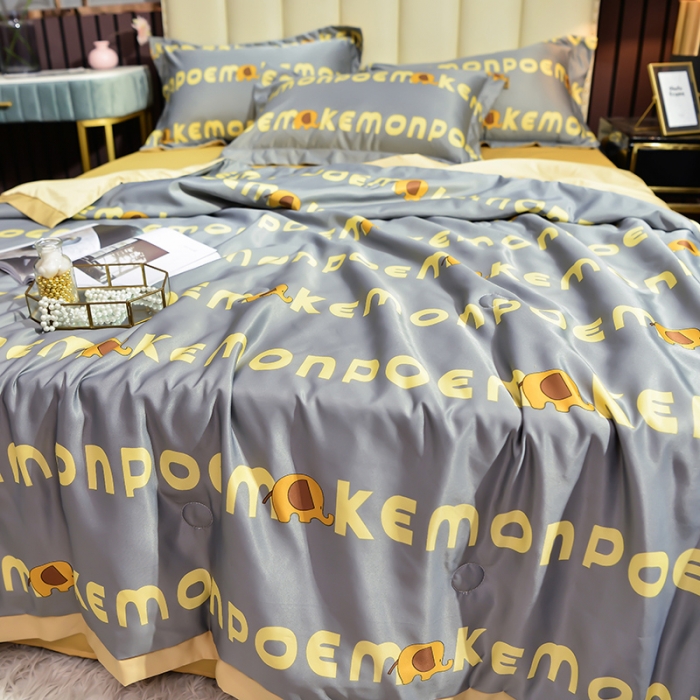 91家纺网 家纺一手货源 找家纺 梦柏 2022新款水洗天丝夏被四件套 字母象（灰）