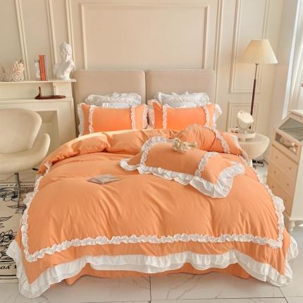 91家纺网 家纺一手货源 找家纺 吾欢心 2025韩版公主风洛丽塔系列罗马棉四件套洛丽塔奶油橘