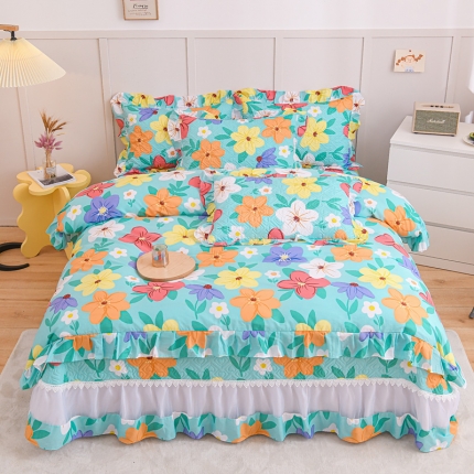 91家纺网 家纺一手货源 找家纺 直播爆款 仙女风欧根纱全棉床盖三件套蕾丝花边夹棉纯棉四件套