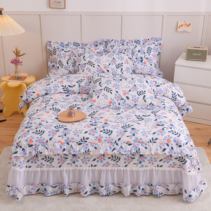 91家纺网 家纺一手货源 找家纺 直播爆款 仙女风欧根纱全棉床盖三件套蕾丝花边夹棉纯棉四件套