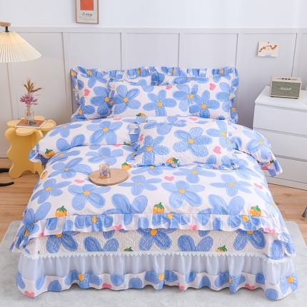 91家纺网 家纺一手货源 找家纺 直播爆款 仙女风欧根纱全棉床盖三件套蕾丝花边夹棉纯棉四件套