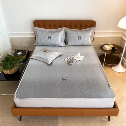 本希 2022新款轻奢刺绣款可水洗冰丝席-床笠款 H款爱马仕刺绣-灰色床笠