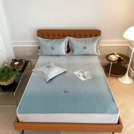 本希 2022新款轻奢刺绣款可水洗冰丝席-床笠款 H款爱马仕刺绣-绿色床笠