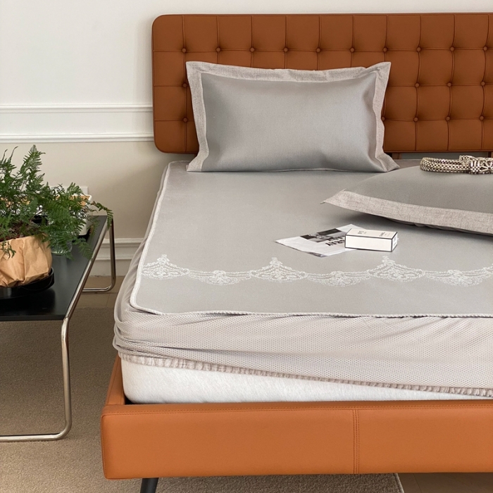 91家纺网 家纺一手货源 找家纺 本希 2022新款高端床笠款水洗冰丝席-简约款 蕾丝-灰床笠款