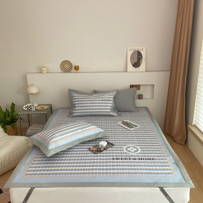 91家纺网 家纺一手货源 找家纺 昔可 2022新款高端大版数码印花冰沐丝养生席 香香四叶花蓝