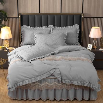 91家纺网 家纺一手货源 找家纺 木兰花 2023超柔氧棉加厚磨毛韩版蕾丝夹棉床裙款四件套烟灰