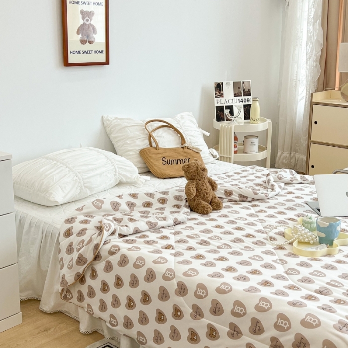 91家纺网 家纺一手货源 找家纺 昔可 2022新款卡通印花牛奶丝针织夏被 爱心熊-咖