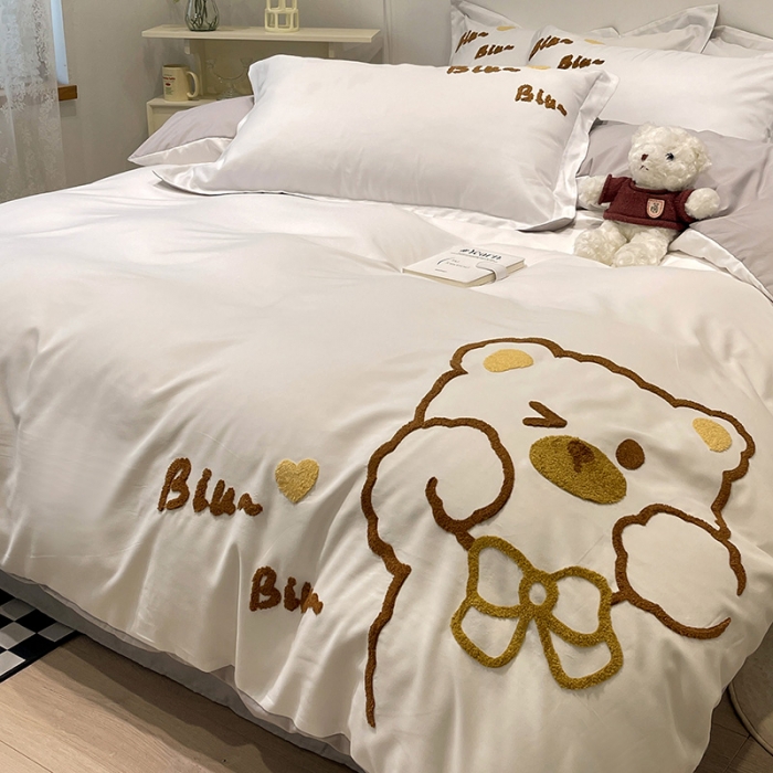 91家纺网 家纺一手货源 找家纺 娜娜 2022新款亲肤毛巾绣四件套 可爱熊-白灰