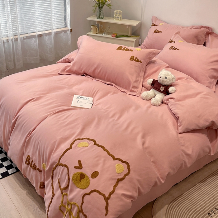 91家纺网 家纺一手货源 找家纺 娜娜 2022新款亲肤毛巾绣四件套 可爱熊-豆粉