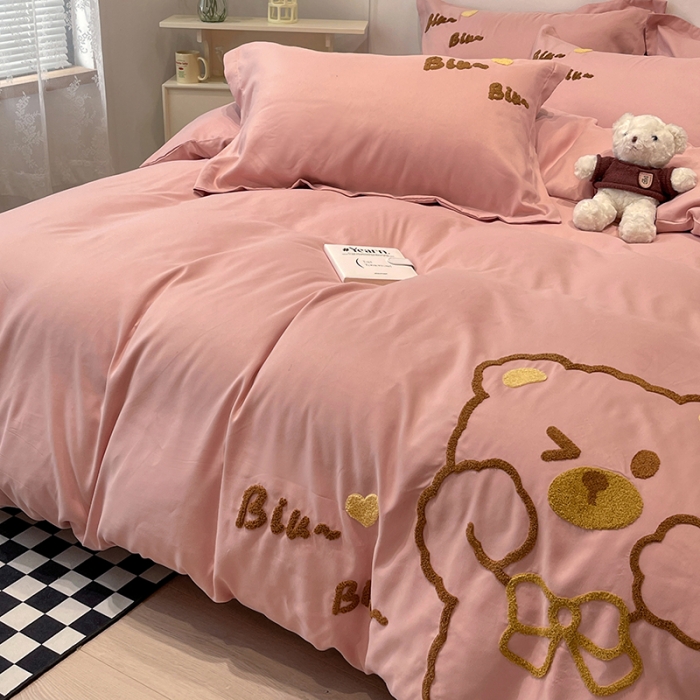 91家纺网 家纺一手货源 找家纺 娜娜 2022新款亲肤毛巾绣四件套 可爱熊-豆粉