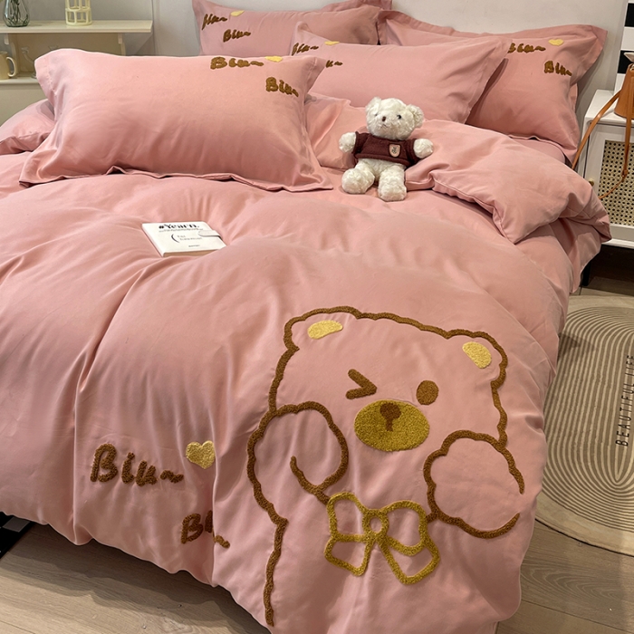 91家纺网 家纺一手货源 找家纺 娜娜 2022新款亲肤毛巾绣四件套 可爱熊-豆粉