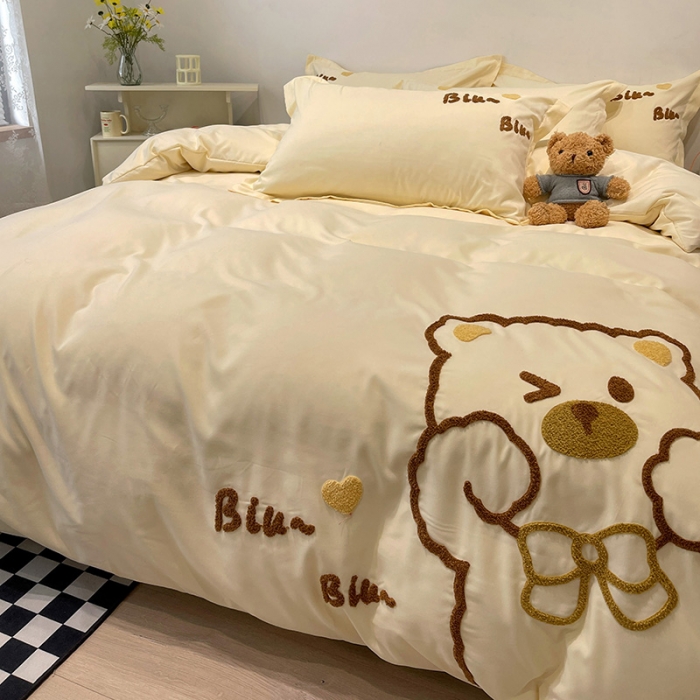 91家纺网 家纺一手货源 找家纺 娜娜 2022新款亲肤毛巾绣四件套 可爱熊-米黄