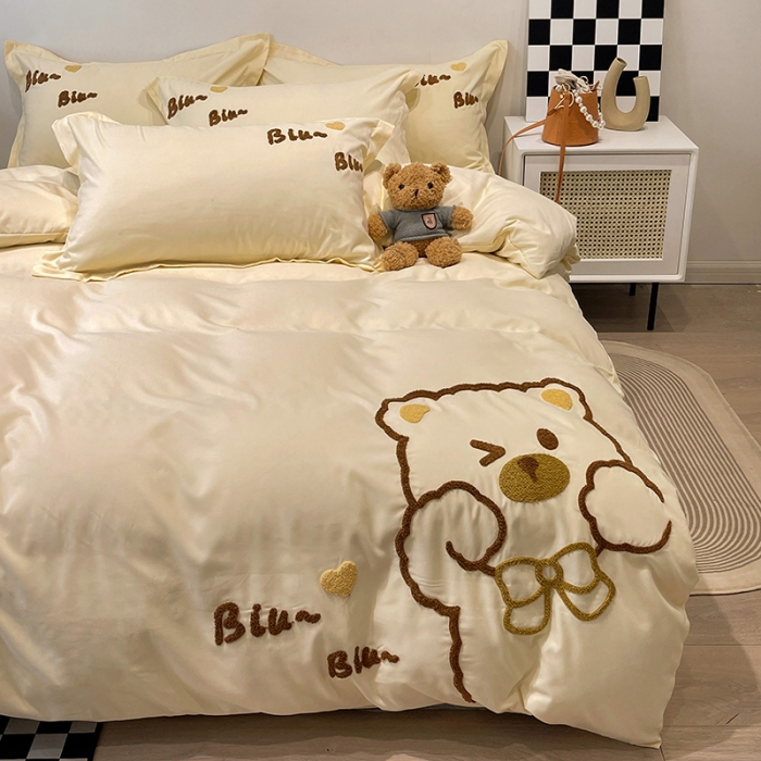 91家纺网 家纺一手货源 找家纺 娜娜 2022新款亲肤毛巾绣四件套 可爱熊-米黄