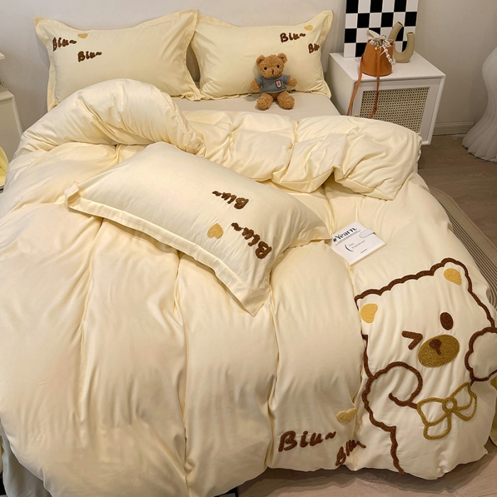 91家纺网 家纺一手货源 找家纺 娜娜 2022新款亲肤毛巾绣四件套 可爱熊-米黄