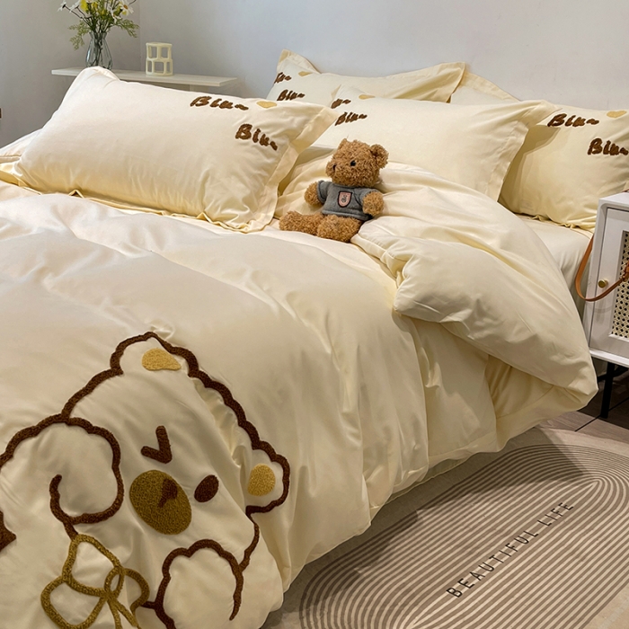 91家纺网 家纺一手货源 找家纺 娜娜 2022新款亲肤毛巾绣四件套 可爱熊-米黄