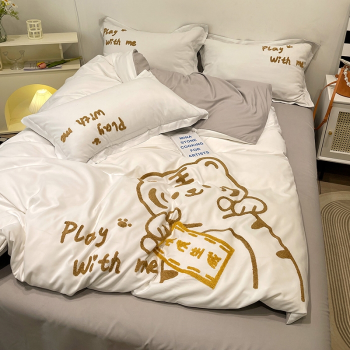 91家纺网 家纺一手货源 找家纺 娜娜 2022新款亲肤毛巾绣四件套 幸运虎-白灰