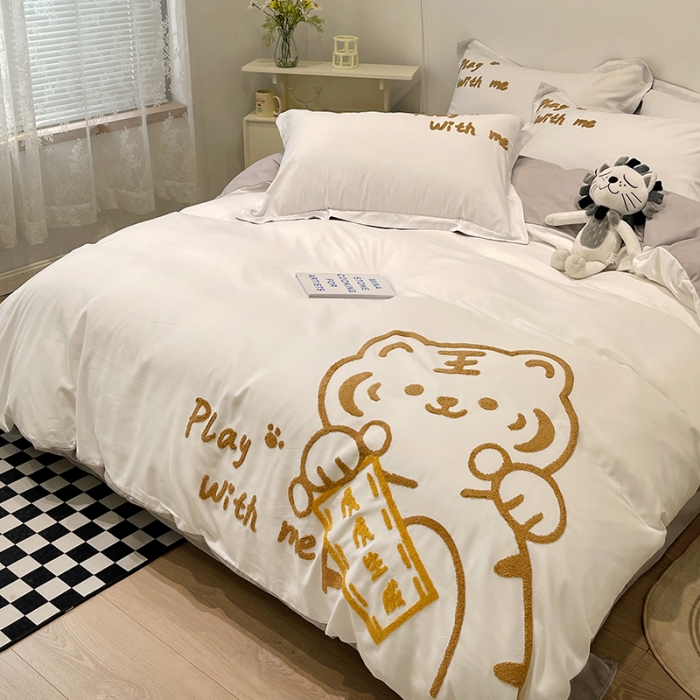 91家纺网 家纺一手货源 找家纺 娜娜 2022新款亲肤毛巾绣四件套 幸运虎-白灰